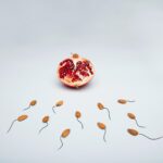 A conceptual image of almond shapes resembling sperm surrounding a pomegranate on a white surface.